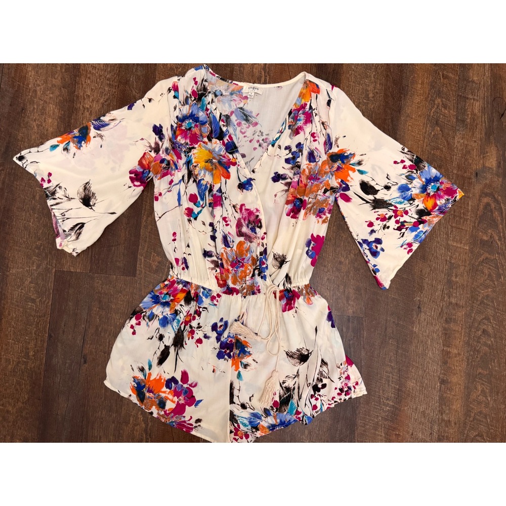 Umgee Floral Romper Small Boho Bell Sleeve Tassel Tie Watercolor Shorts
